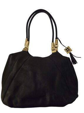 BCBGirls Max Azria Black Leather Shoulder Tote Bag Gold Tone Hardware Tassel Zip